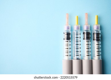 Diabetes Equipment Insulin Syringe, Injection Pen. Diabetes Disease Concept, Blue Background With Copy Space