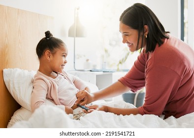 Diabetes, Insulin And Diabetic Happy Girl Getting Injected By Her Mom In Her Bedroom For Their Morning Routine At Home. Family, Mom And Kid Smiling, Medicating And Using A Finger Stick For Blood