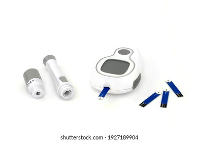 Diabetes Monitoring And Testing Equipment Kit With Blood Glucose Monitor Meter, Lancing Device  Tester Strip. On White Background.