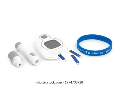 Diabetes Monitoring And Testing Equipment Kit With Blood Glucose Monitor Meter, Lancing Device, Tester Strip  Type 2 Diabetes Alert Rubber Wristband In Blue. On White Background.