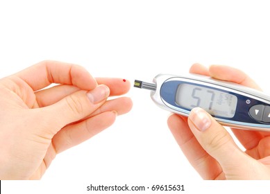 Diabetes Person Doing Glucose Level Blood Test Using Glucometer And Small Drop Of Blood From Finger. Mini Monitor Device Shows 5.7 Mmol/L Isolated On A White Background