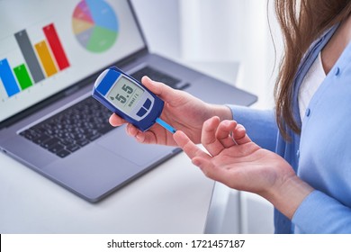 Diabetic Patient Checks Blood Glucose Level Using Glucometer. Diabetes Control And Healthcare. Studying And Examining Glucose Graphs On A Computer Online