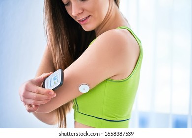 Diabetic Patient Control And Checking Glucose Level With A Remote Sensor. Monitoring Glucose Levels Without Blood. Medical Technology In Diabetes Treatment, Diabetic Lifestyle