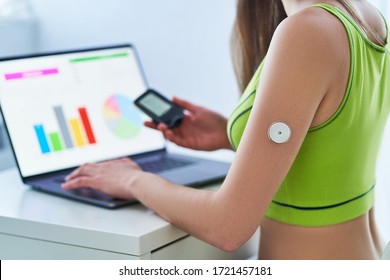 Diabetic Patient Using Remote Sensor And Computer For Examining And Online Monitoring Glucose Blood Levels Graphs. Diabetes Control And Healthcare