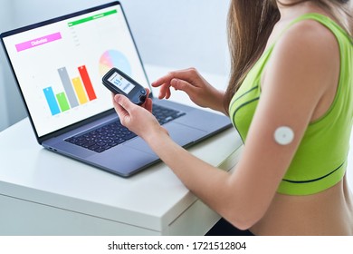 Diabetic Patient Using Remote Sensor And Computer For Control, Online Monitoring And Examining Glucose Blood Levels Graphs. Medical Technology In Diabetes Treatment