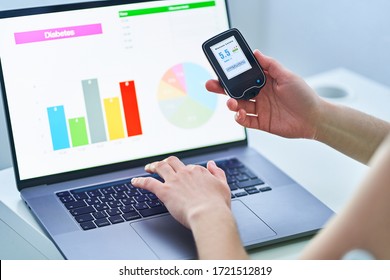 Diabetic Patient Using Remote Sensor And Computer For Control And Monitoring Glucose Blood Levels Graphs. Medical Technology In Diabetes Treatment, Healthcare 