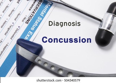 Diagnosis Of Concussion. Two Neurological Hammer, Result Of Mental Status Exam And Name Of Neurologic Psychiatric Diagnosis Concussion On A White Background Or On Doctor Table