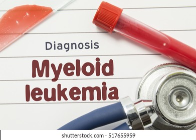 Diagnosis Of Leukemia. Medical Book With Text Header Hematological Diagnosis Leukemia Lies On Doctor Table Surrounded By Laboratory Test Tubes With Blood, Glass Slide With Blood Smear And Stethoscope