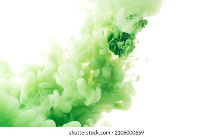 Diagonal splash of green paint in water against white background.