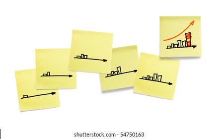 Diagram of business success on yellow sticky papers. Isolated on white.