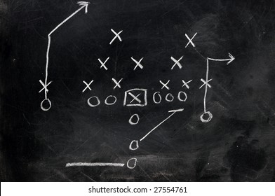 Diagram Of Football Play On Black Chalkboard.