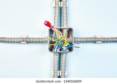 Diagram Of Junction Box With Copper Wiring Spliced With Help Of Heat Shrink Tubing And Insulating Tape.