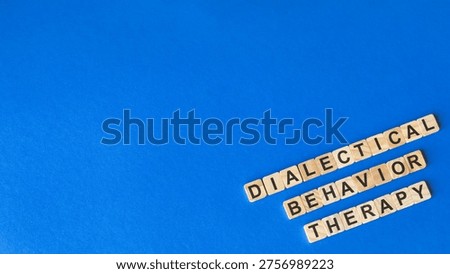 Dialectical Behavior Therapy words written on wooden blocks. Blue background with copy space.