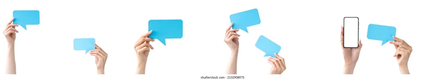Dialogue icon collage. Mobile chat. Online communication. Female hands holding blue blank text bubble mockup screen phone isolated on white copy space panorama set of 4. - Shutterstock ID 2132908975