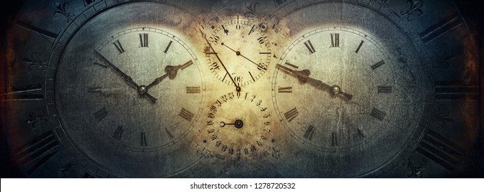 The dials of the old antique classic clocks on a vintage paper background. Concept of time, history, science, memory, information. Retro style. Vintage clockwork background. - Shutterstock ID 1278720532
