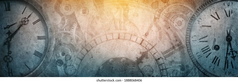 The dials of the old antique classic clocks on a vintage wide paper background. Concept of time, history, science, memory, information. Retro style. Vintage clockwork background. - Shutterstock ID 1888068406