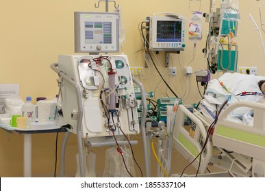 Dialysis Machine, To Which Patient Is Connected In Intensive Care Unit In Hospital. The Patient Fell Ill With A New Type Of Coronavirus Covid-19. 