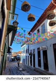 Diamantina, Minas Gerais, Brazil - 08 Jun 2022: Small Town Decorated Street In A Festival