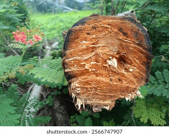 Diametrically cut logs in the forest 
