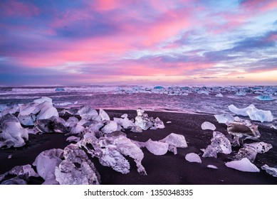 Diamond Beach Iceland At Sunset