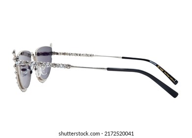 Diamond cat eye Sunglasses Dark purple shades and silver frame side view