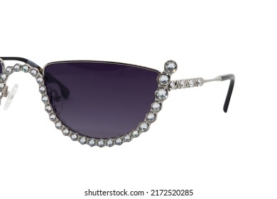 Diamond cat eye Sunglasses Dark purple shades and silver frame closeup view