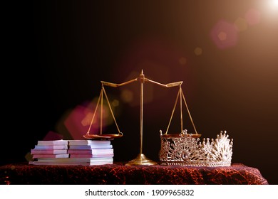 Diamond Crown Of Miss Beauty Queen Pageant Contest And Bank Note Money And Scale Justice Balance Are On Black Background As Ramp. Concept Of Fairness In Pageant Contest Business, Copy Space