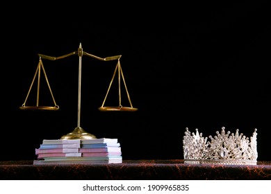 Diamond Crown Of Miss Beauty Queen Pageant Contest And Bank Note Money And Scale Justice Balance Are On Black Drape Background As Ramp. Concept Of Fairness In Pageant Contest Business, Copy Space