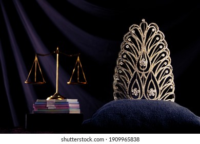 Diamond Crown Of Miss Beauty Queen Pageant Contest And Bank Note Money And Scale Justice Balance Are On Black Drape Background As Ramp. Concept Of Fairness In Pageant Contest Business, Copy Space