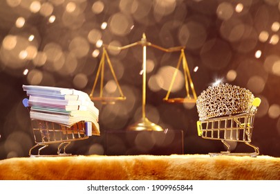 Diamond Crown Of Miss Beauty Queen Pageant Contest And Bank Note Money On Shopping Cart On Scale Balance Background. Concept Of Judge Justice In Pageant Contest Business, Copy Space