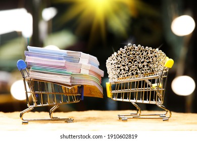 Diamond Crown Of Miss Beauty Queen Pageant Contest And Bank Note Money On Shopping Cart On Bokeh Background. Concept Of Judge Justice In Pageant Contest Business, Copy Space