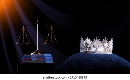 Diamond Crown Of Miss Beauty Queen Pageant Contest And Bank Note Money And Scale Justice Balance Are On Black Drape Background As Ramp. Concept Of Fairness In Pageant Contest Business, Copy Space