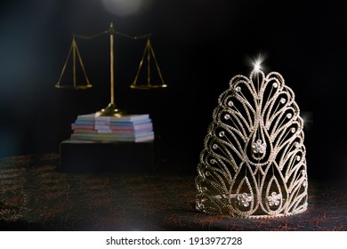 Diamond Crown Of Miss Beauty Queen Pageant Contest And Bank Note Money And Scale Justice Balance Are On Black Drape Background As Ramp. Concept Of Fairness In Pageant Contest Business, Copy Space