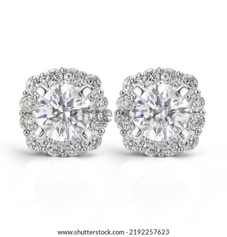 Diamond Earrings. Cluster Diamond Stud Earrings Isolated on White Background Foto stock © 