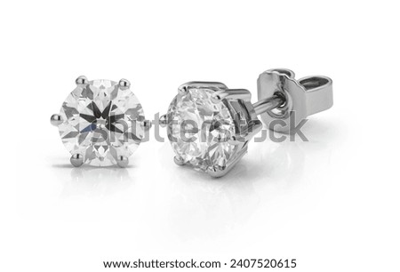 Diamond Earrings White Gold Platinum Solitaire Stud Earrings Isolated on White Background. 