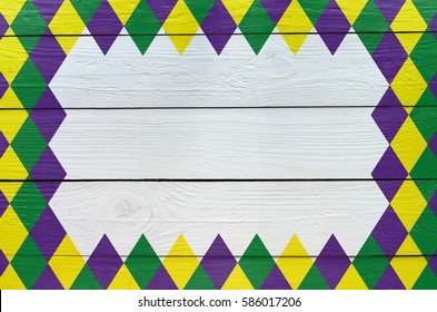 Diamond Green, Purple, Yellow Pattern Painted Mardi Gras Holiday Background. Empty Space For Copy, Text, Lettering. Invitation, Postcard, Greeting Card Banner Template.