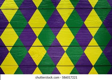 Diamond Green, Purple, Yellow Pattern Painted Mardi Gras Holiday Background. Invitation, Postcard, Greeting Card Banner Template.