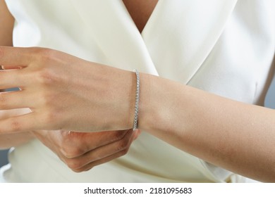 Diamond Jewelry. Diamond Bracelet On Young Woman