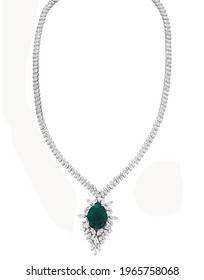 Diamond Jewelry. Diamond Emerald Necklace Isolated