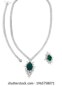 Diamond Jewelry. Diamond Emerald Necklace Isolated