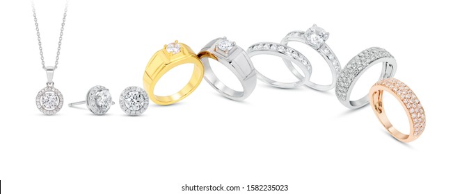  Diamond  Jewelry  Ring ,earrings And Pendant Grouping  On White Background