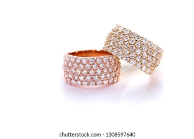 Diamond Micro Pave Eternity Ring Yellow Gold And Pink Gold Group On White Background