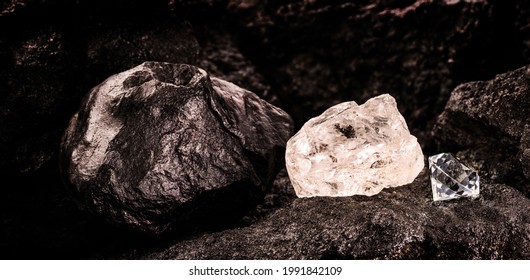 Diamond Mine With Rough Diamond Stone, Cut Diamond And Carbon Or Graphite Ore, On Kimberlite Rocks, Transformation Into Rare Stone Concept