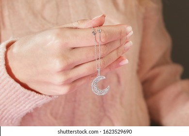 Diamond Necklace On Woman Hand