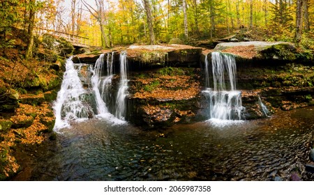 Diamond Notch Falls in Catskill Mountains, New York. West Kill Falls or also called Diamond Notch Falls, is located in the eastern part of the Catskill Mountains and in the town of West Kill. - Shutterstock ID 2065987358