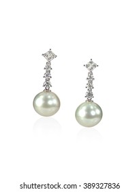 Diamond Pearl Drop Earrings Isolated On White