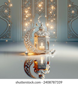 diamond ramadan lantern with candle in a day light lighting and gold crescent moon in a light background colors