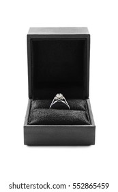 Diamond Ring In Black Jewel Box Isolated Over White