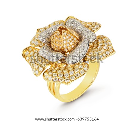 Diamond ring isolated on white background. Ring with diamonds. Yellow gold. Golden flower with diamonds.