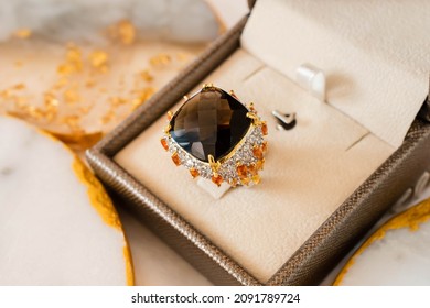 Diamond Ring With A Yellow Topaz Stone In Luxury Box